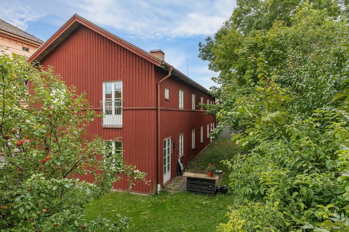 Det röda trähusets långsida i grönskan på tomten