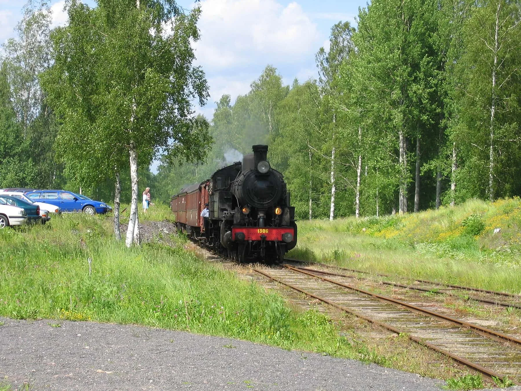 Svart ånglok med personvagnar på ett spår genom grönskande björkskog.